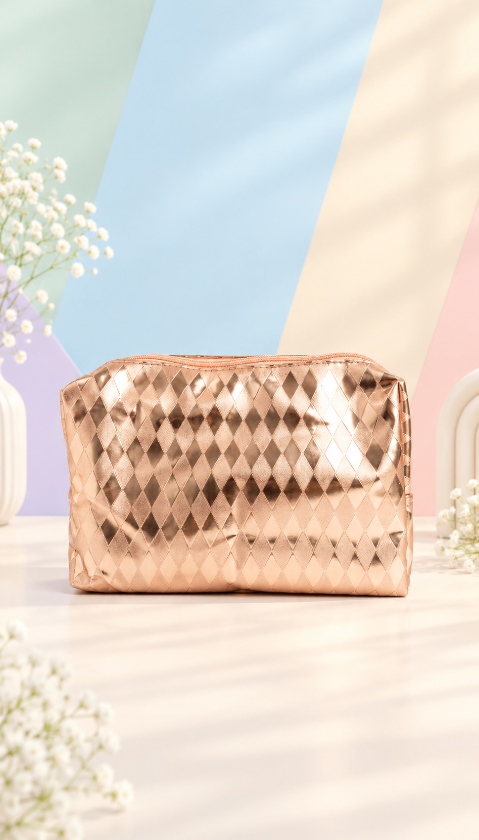 Rose Gold Quilted Makeup Bag for Women