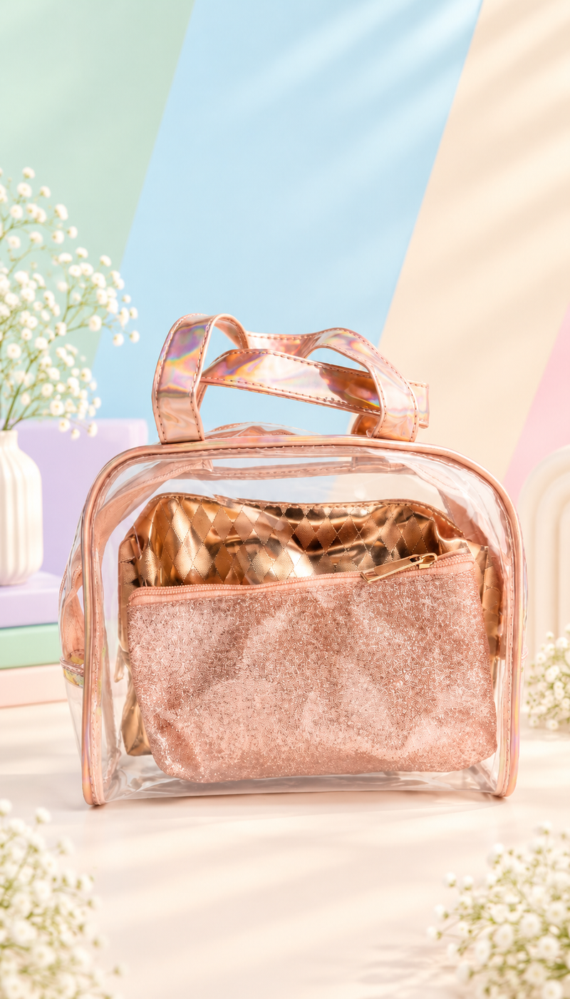 Rose Gold Quilted Makeup Bag for Women